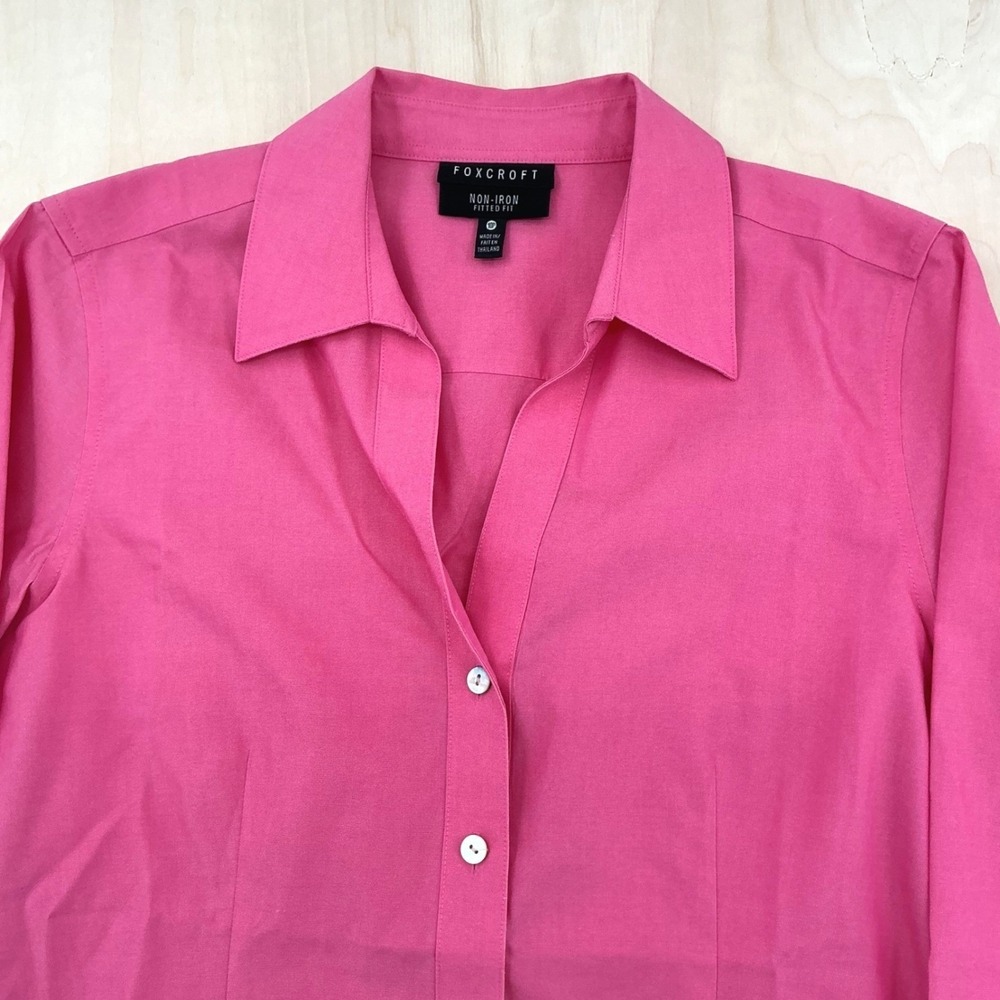 Womens Foxcroft Non-Iron‎ 3/4 Sleeve Button Down Shirt Pink Fitted Petite 10P